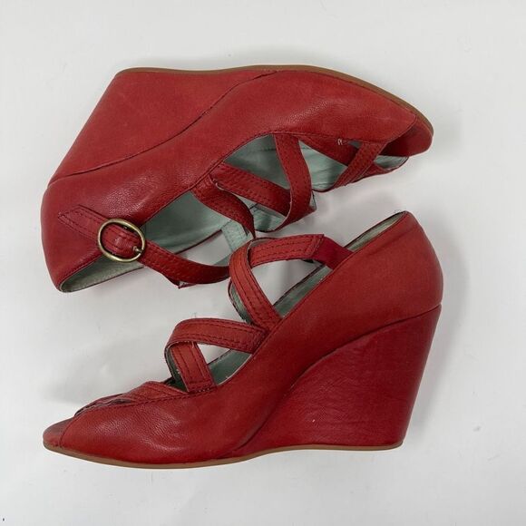 Anthropologie FARYL ROBIN Womens Sandals Wedges Peep Toe Strappy Red US 10 - Picture 5 of 9